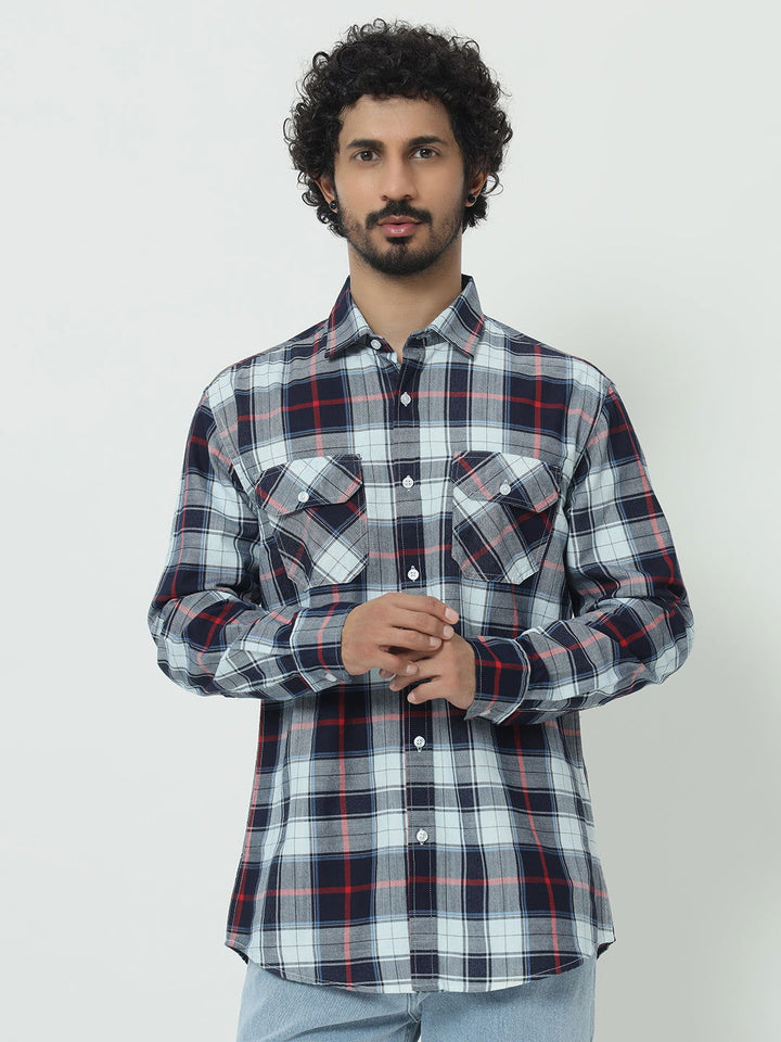 SAINTJONES-RED WHITE INDIGO CHECK SHIRT - St.Jones