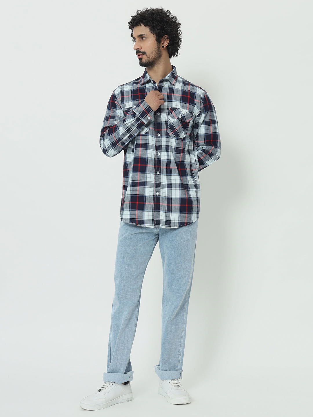 SAINTJONES-RED WHITE INDIGO CHECK SHIRT - St.Jones