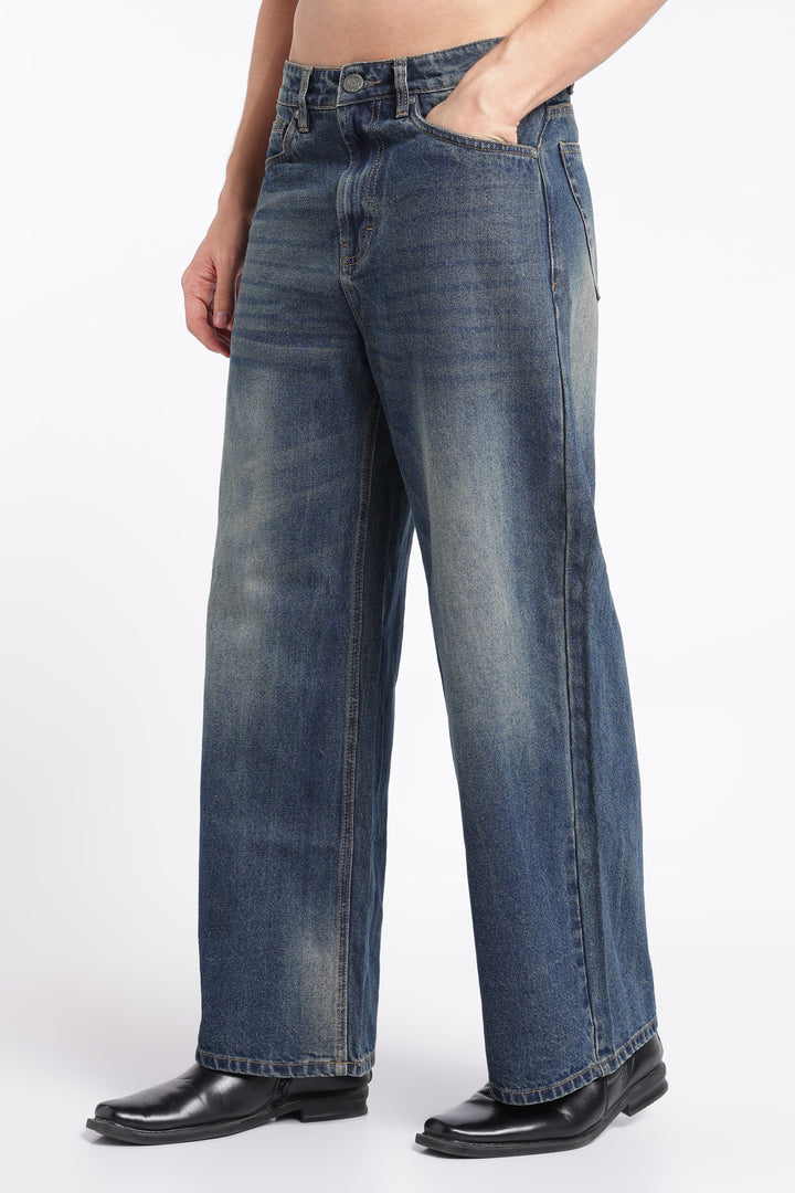 Men's Washed Brown Blue Baggy Jeans