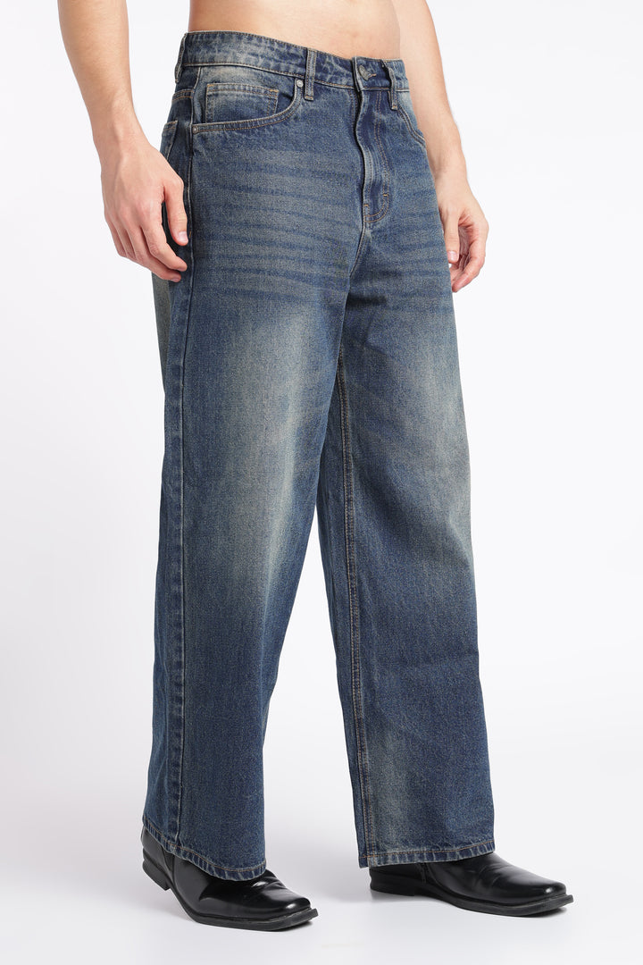 Men's Washed Brown Blue Baggy Jeans