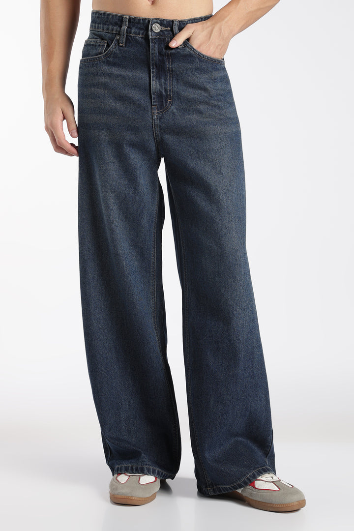 Men's Washed Dark Blue Baggy Jeans