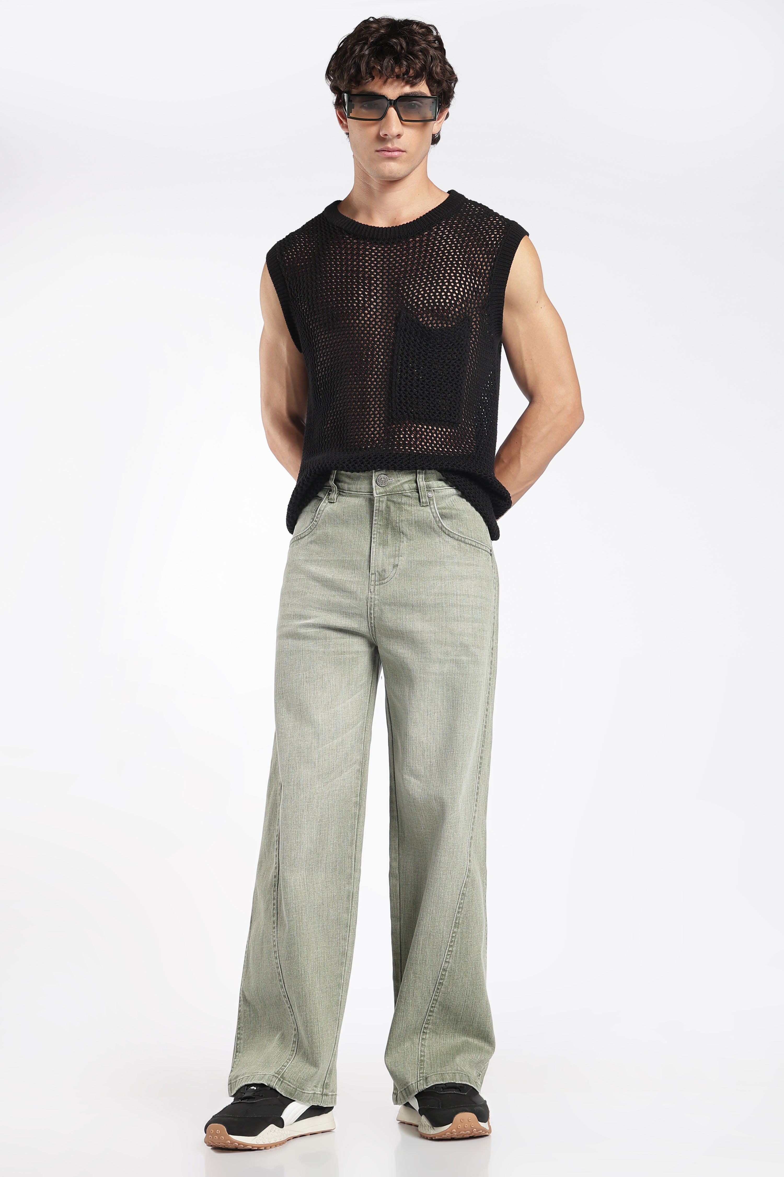 Men's Vintage Washed Matcha Baggy Denim Jeans