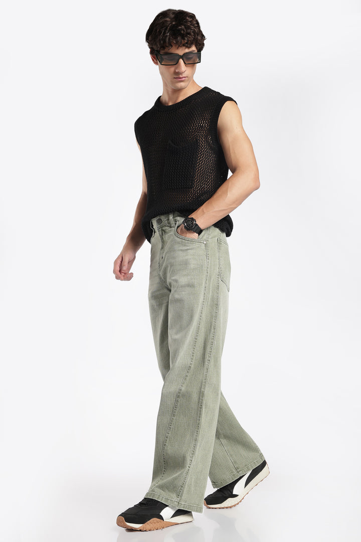 Men's Vintage Washed Sage Green Baggy Denim Jeans