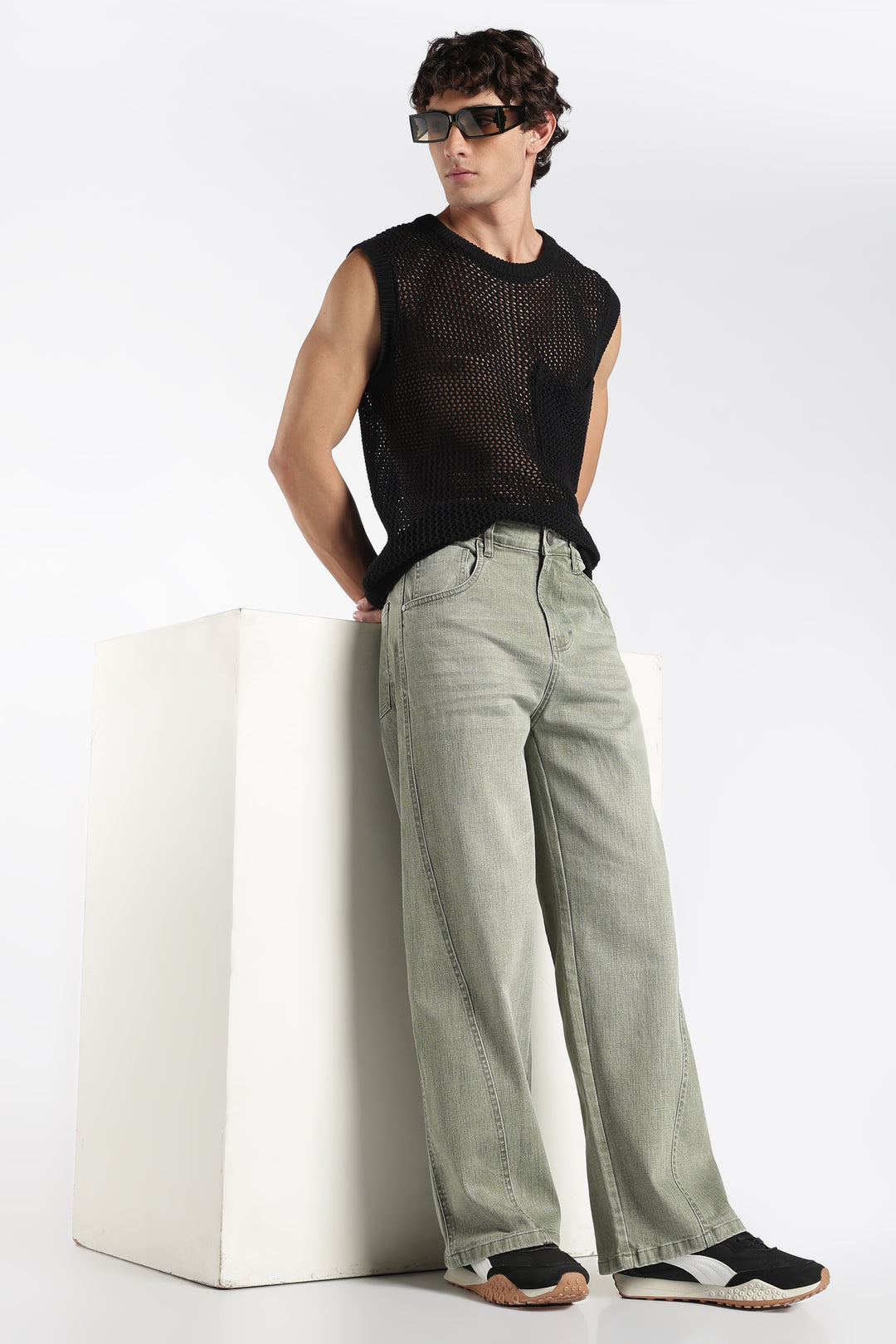 Men's Vintage Washed Sage Green Baggy Denim Jeans