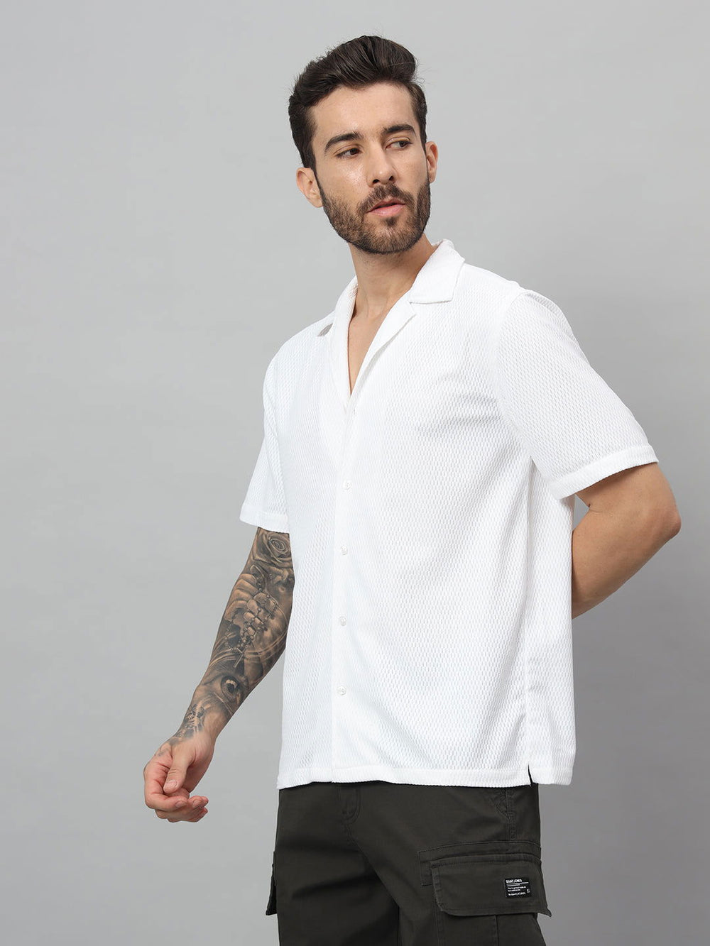 WHITE  TEXTURED HALF SHIRT - St.Jones