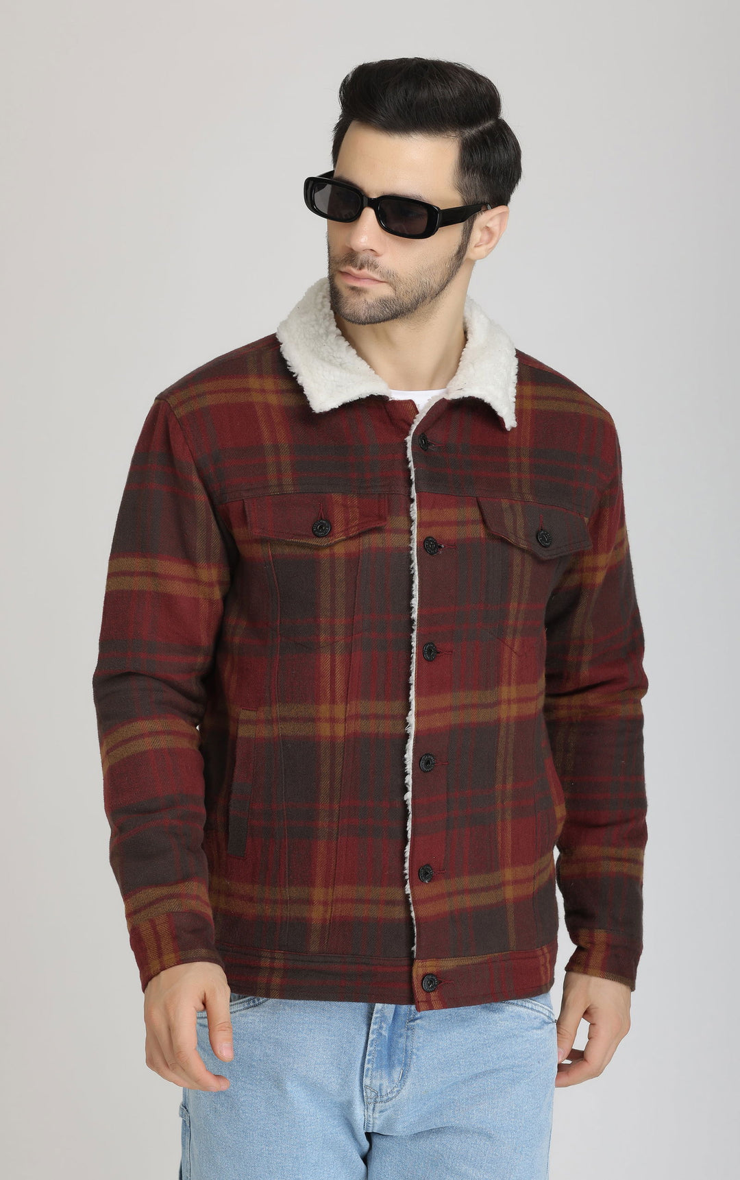 WINE CHECKS FUR WOOLEN JACKET - St.Jones