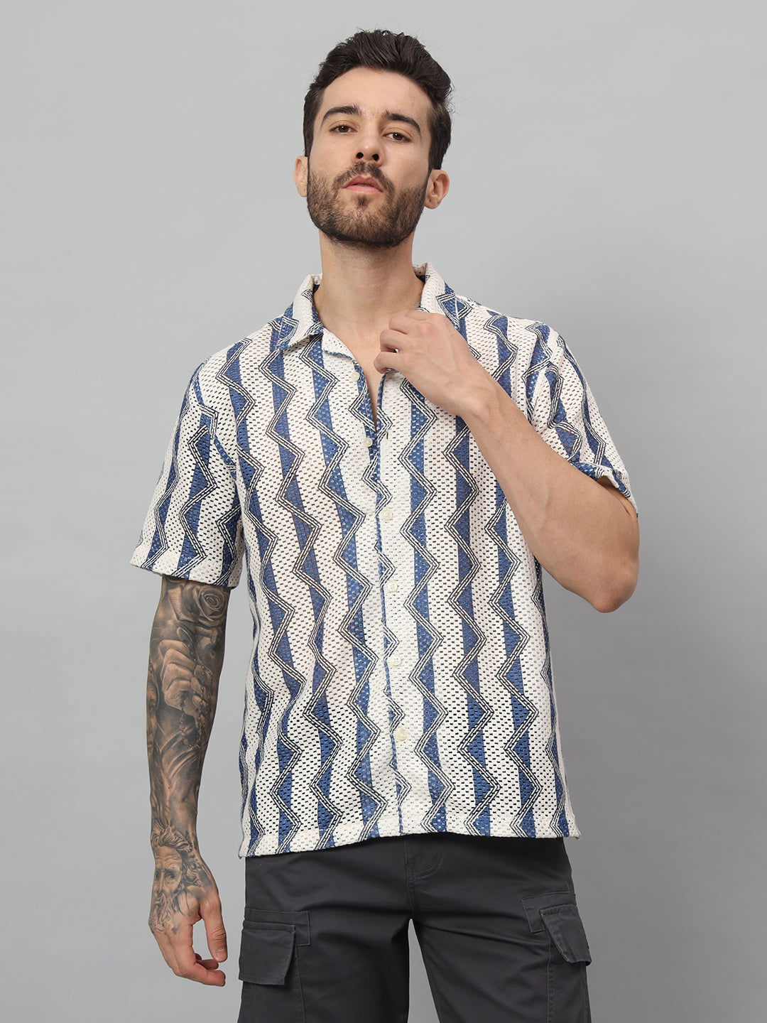 ZIGZAG PRINT HALF NET SHIRT - St.Jones