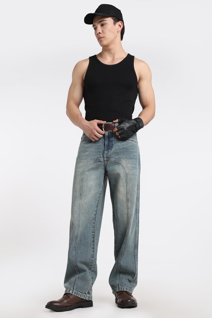 Vintage Wash High-Waist Straight-Leg Denim Jeans for Men