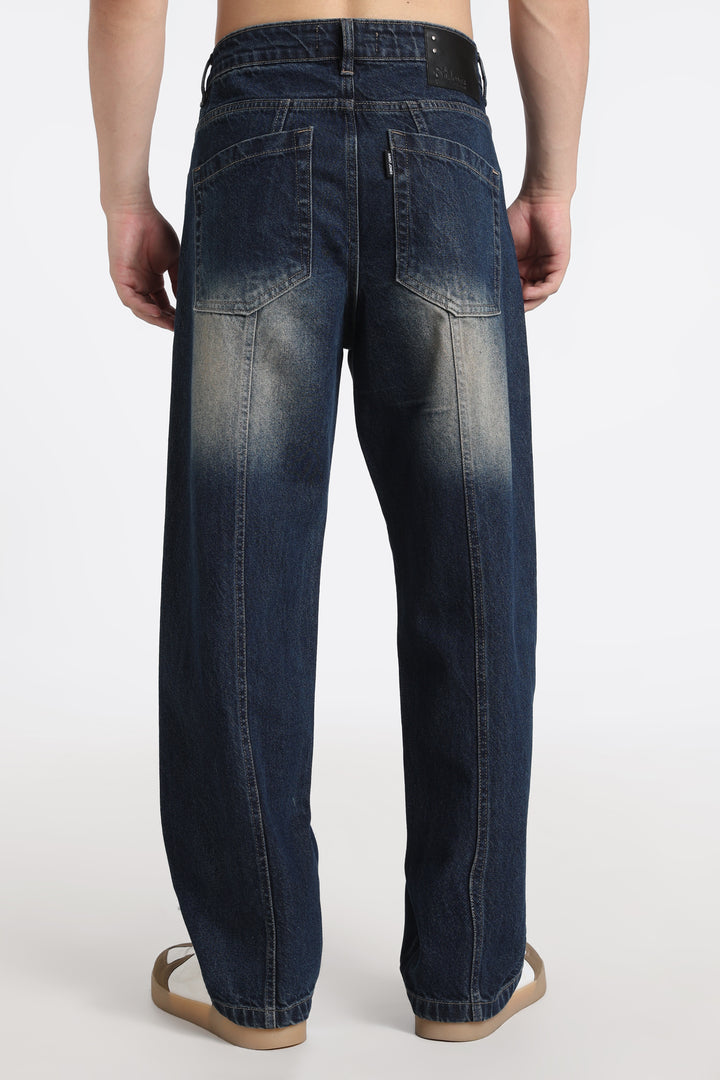 Vintage Wash High-Waist Straight-Leg Denim Dark Blue Jeans for Men