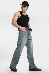 Vintage Wash High-Waist Straight-Leg Denim Jeans for Men