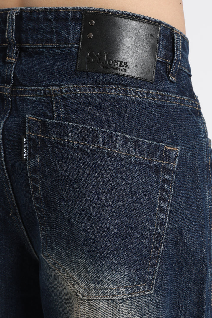 Vintage Wash High-Waist Straight-Leg Denim Dark Blue Jeans for Men