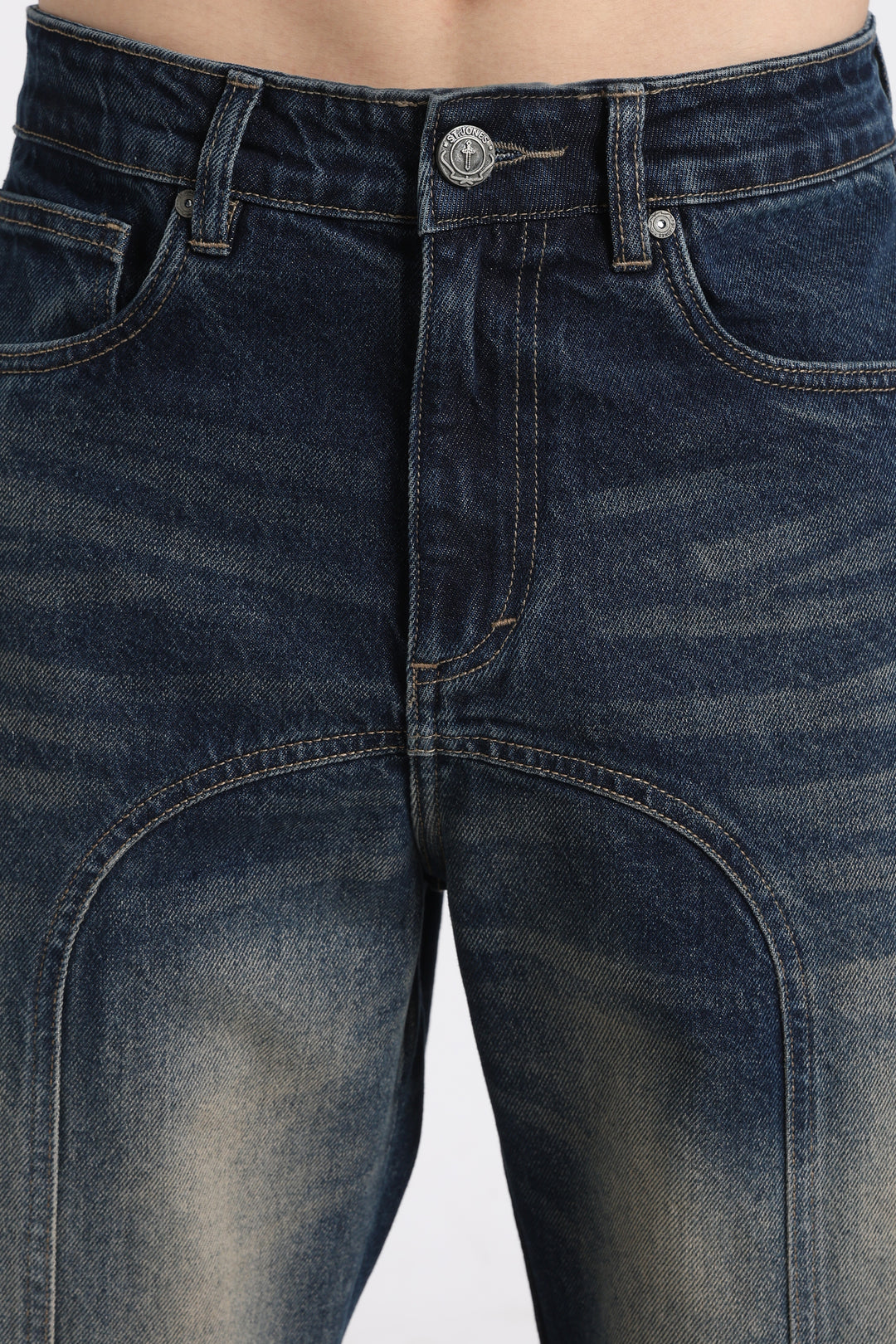 Vintage Wash High-Waist Straight-Leg Denim Dark Blue Jeans for Men