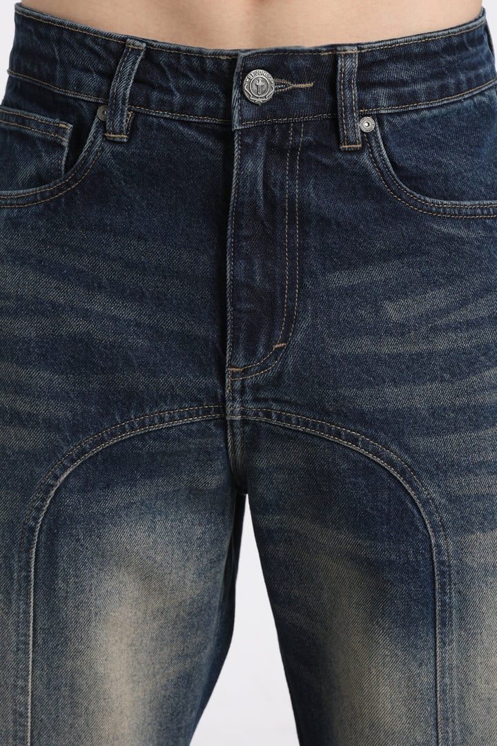 Vintage Wash High-Waist Straight-Leg Denim Dark Blue Jeans for Men