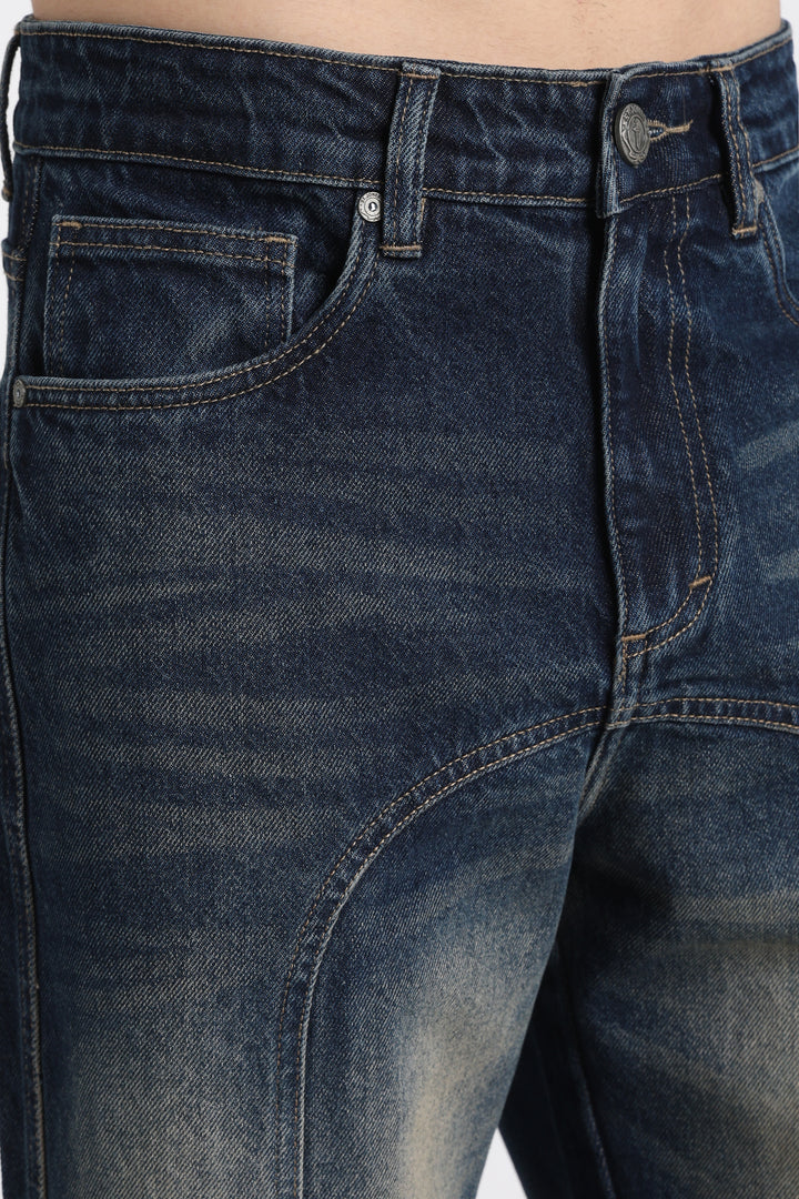 Vintage Wash High-Waist Straight-Leg Denim Dark Blue Jeans for Men