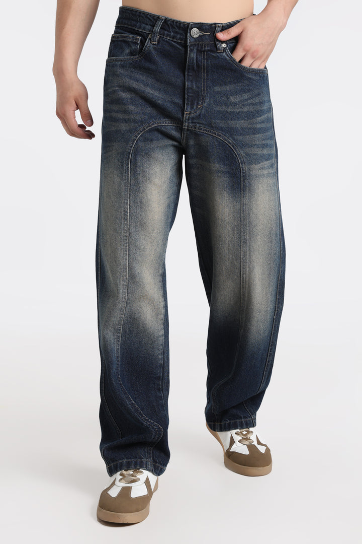Vintage Wash High-Waist Straight-Leg Denim Dark Blue Jeans for Men