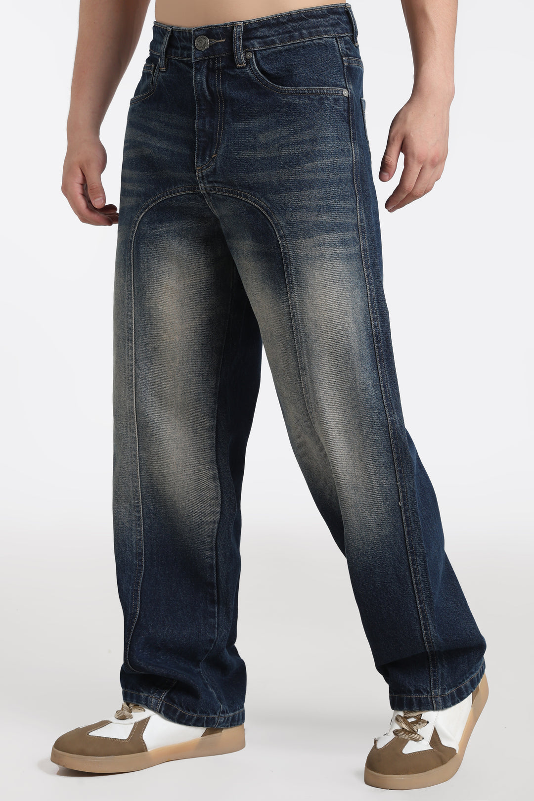 Vintage Wash High-Waist Straight-Leg Denim Dark Blue Jeans for Men