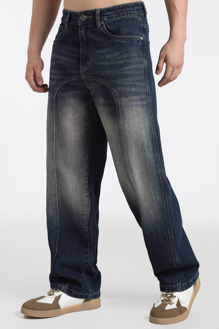 Vintage Wash High-Waist Straight-Leg Denim Dark Blue Jeans for Men