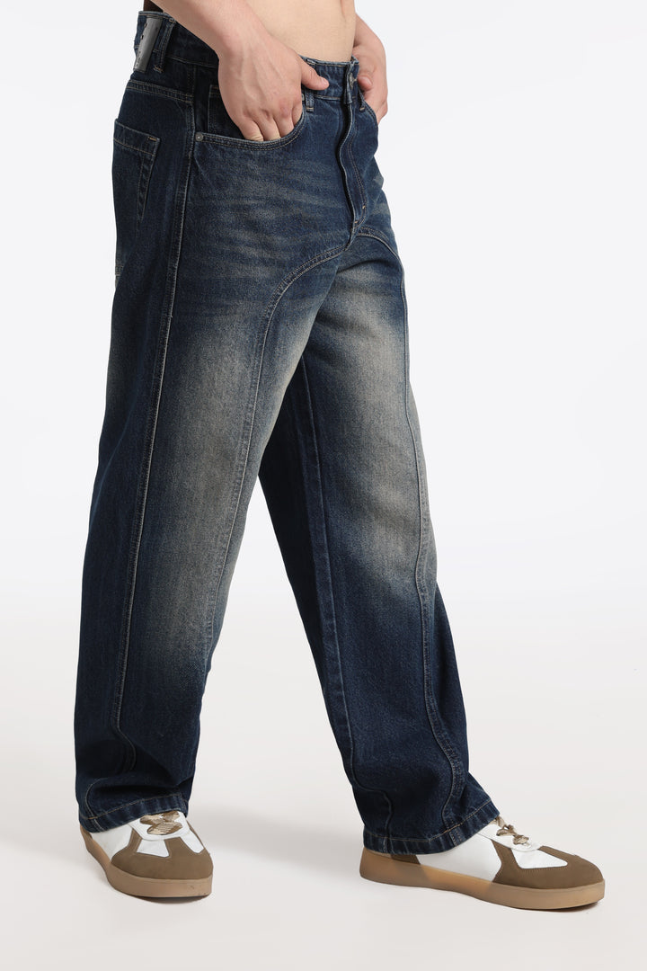 Vintage Wash High-Waist Straight-Leg Denim Dark Blue Jeans for Men