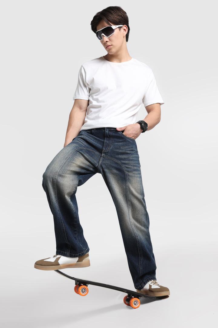 Vintage Wash High-Waist Straight-Leg Denim Dark Blue Jeans for Men