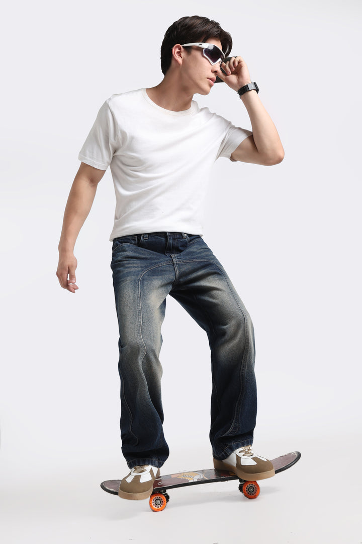 Vintage Wash High-Waist Straight-Leg Denim Dark Blue Jeans for Men