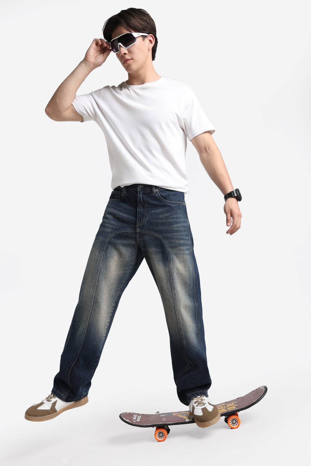 Vintage Wash High-Waist Straight-Leg Denim Dark Blue Jeans for Men