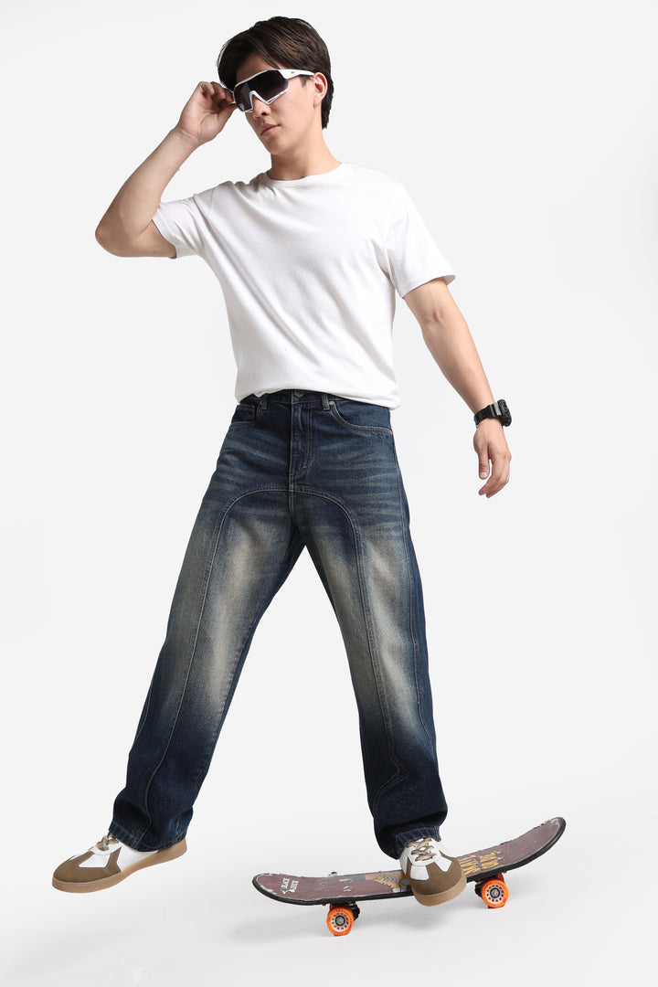 Vintage Wash High-Waist Straight-Leg Denim Dark Blue Jeans for Men