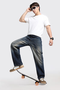 Vintage Wash High-Waist Straight-Leg Denim Dark Blue Jeans for Men