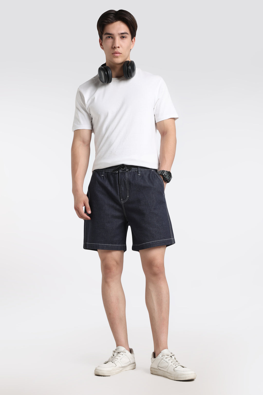 Dark Blue Drawstring Denim Shorts