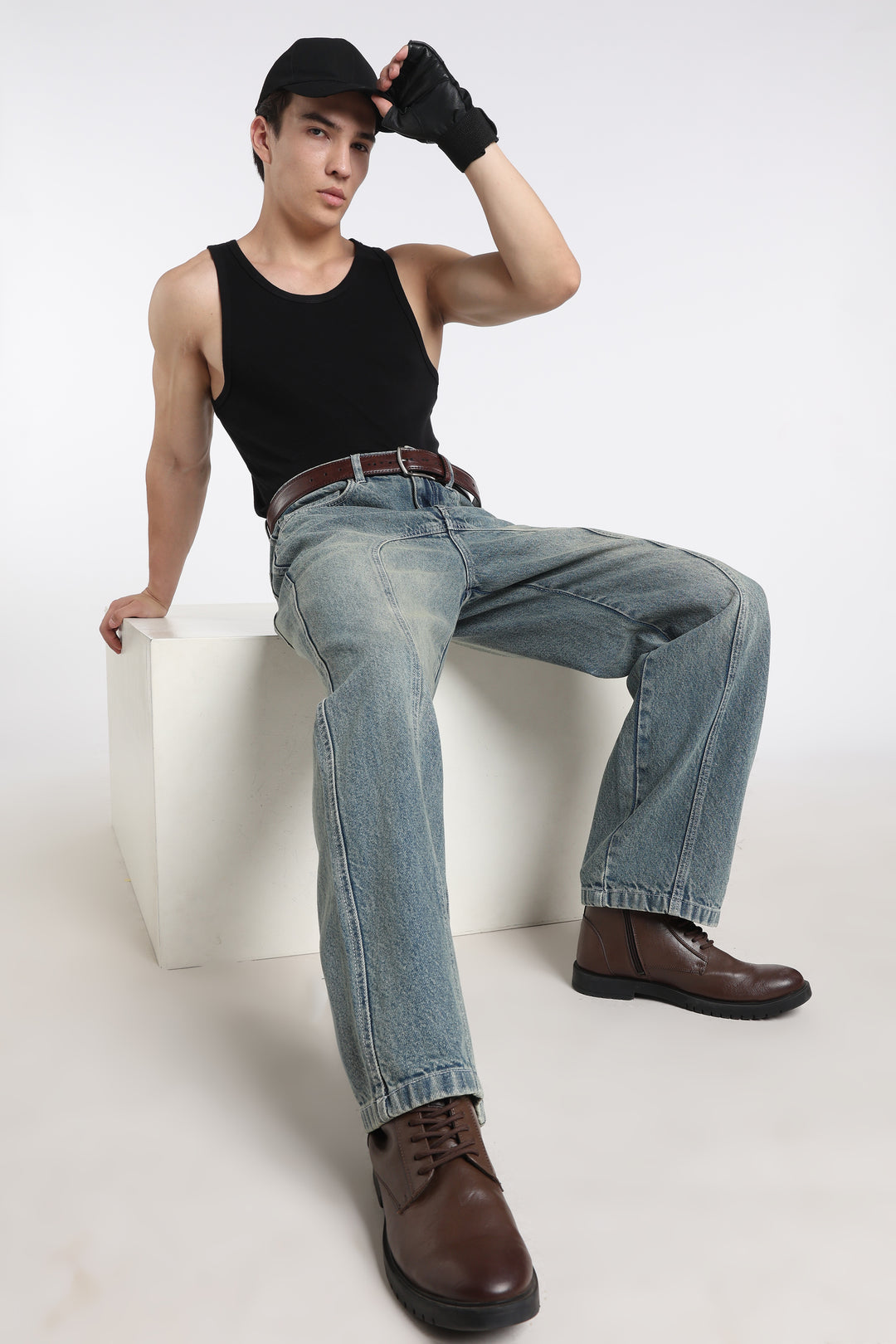 Vintage Wash High-Waist Straight-Leg Denim Jeans for Men