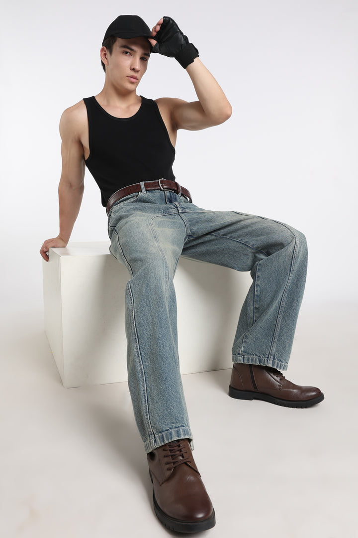 Vintage Wash High-Waist Straight-Leg Denim Jeans for Men