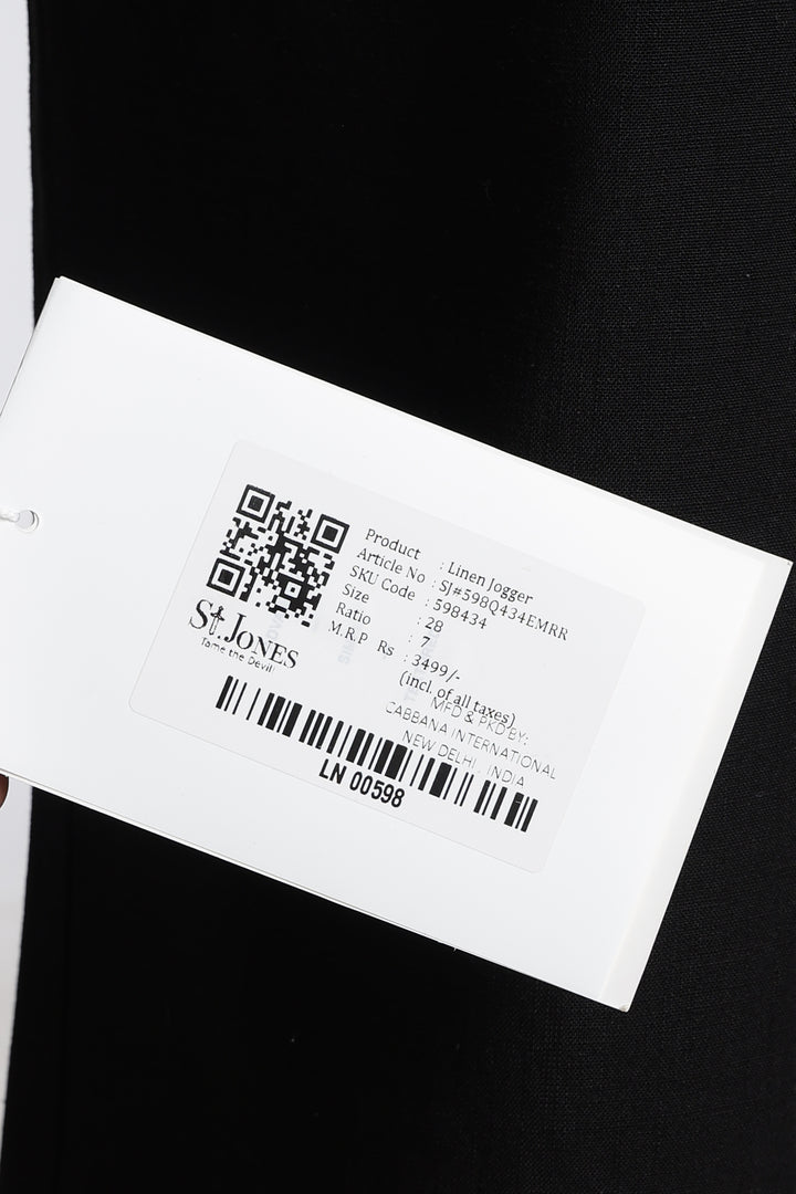 Product label with QR code and text on a black background