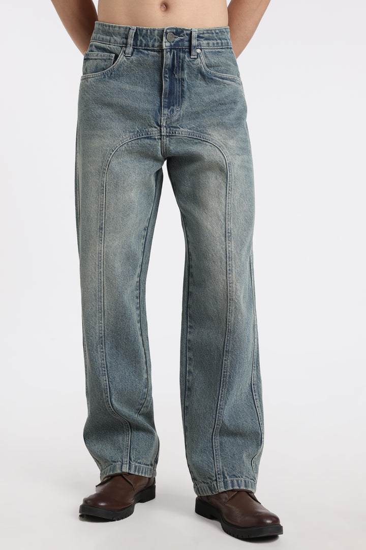 Vintage Wash High-Waist Straight-Leg Denim Jeans for Men
