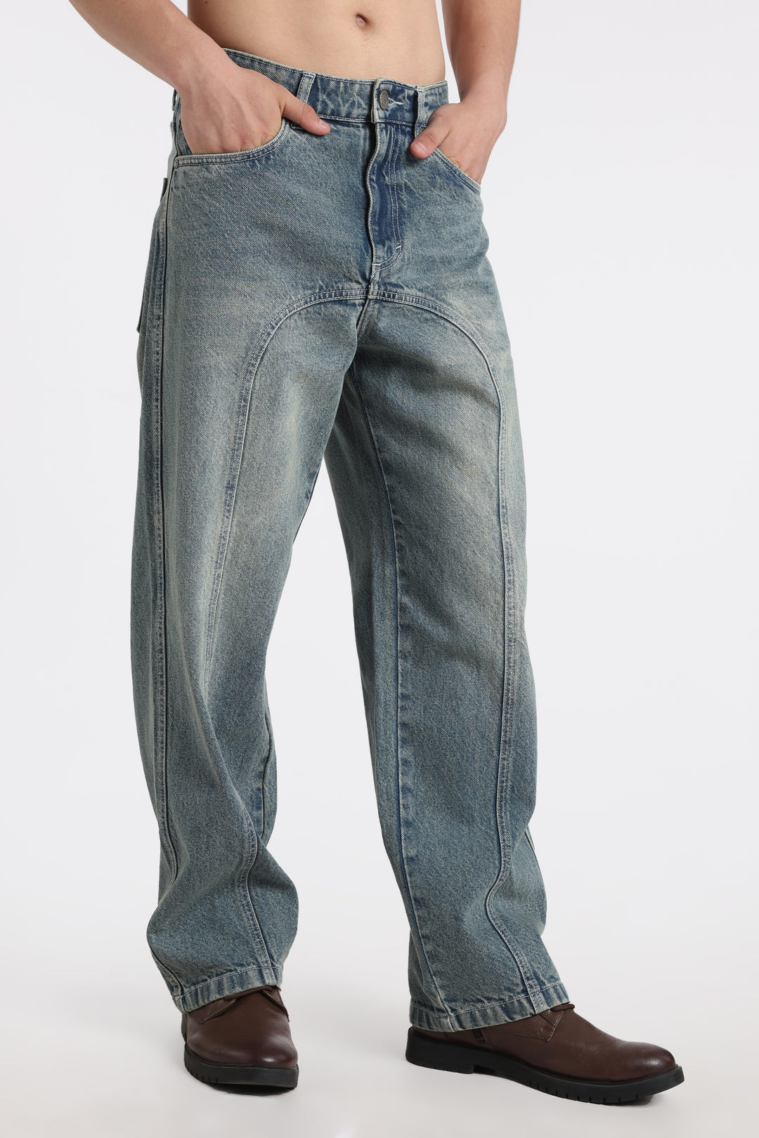 Vintage Wash High-Waist Straight-Leg Denim Jeans for Men