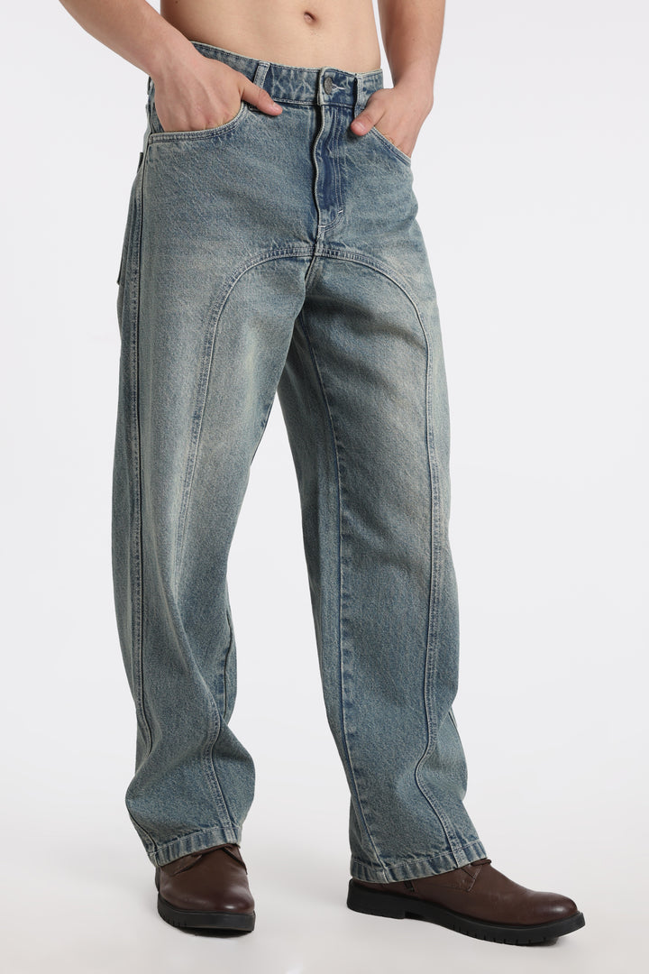 Vintage Wash High-Waist Straight-Leg Denim Jeans for Men