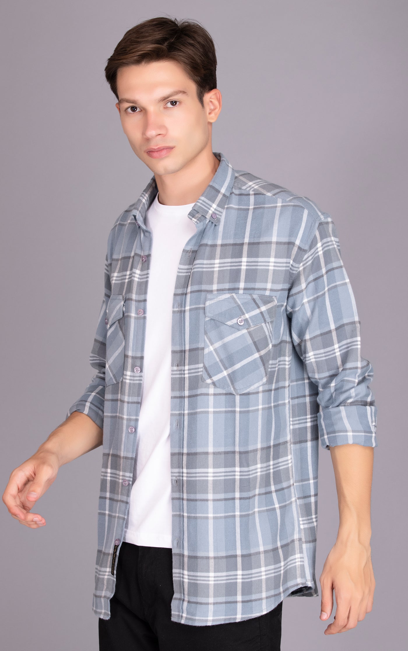 BUY ONLINE Sky BLUE PURE COTTON FLANNEL CHECKED CASUAL SHIRT FOR MEN