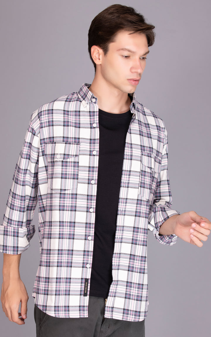 BUY ONLINE WHITE PURE COTTON FLANNEL CHECKED CASUAL SHIRT FOR MEN