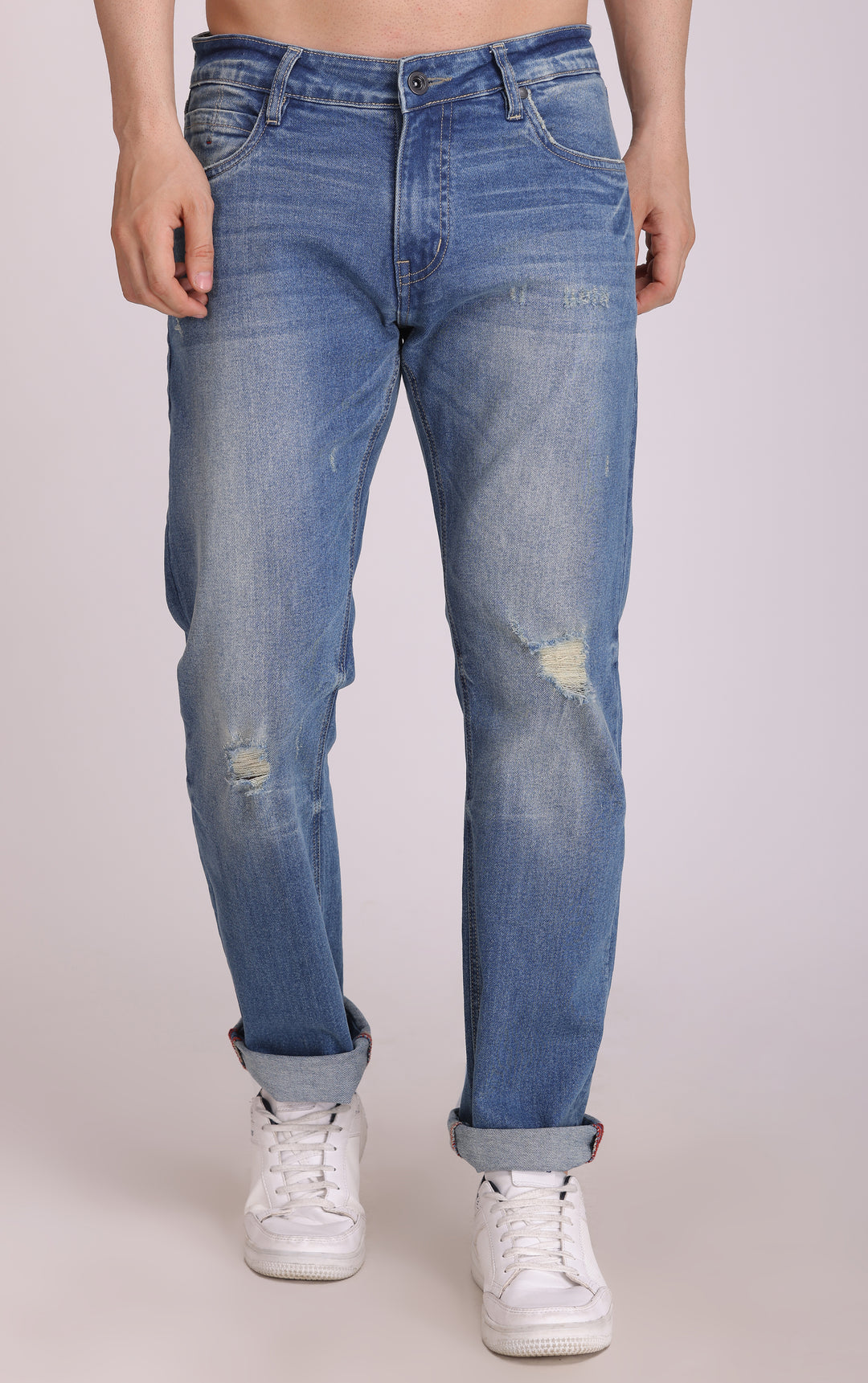 BUY ONLINE BLUE MID RISE RIPPED SLIM FIT JEANS FOR MEN