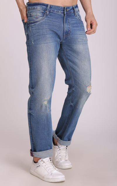 BUY ONLINE BLUE MID RISE RIPPED SLIM FIT JEANS FOR MEN