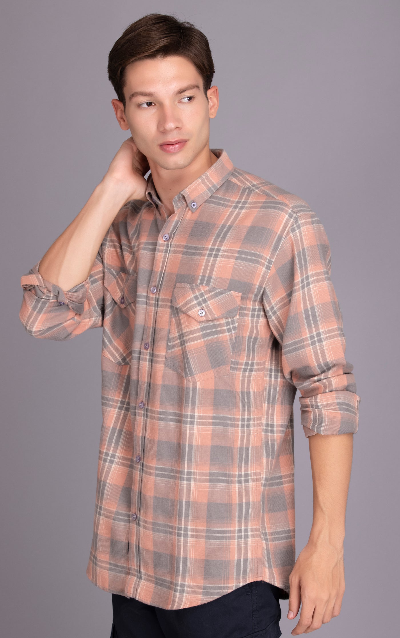 BUY ONLINE Pink-Grey PURE COTTON FLANNEL CHECKED CASUAL SHIRT FOR MEN