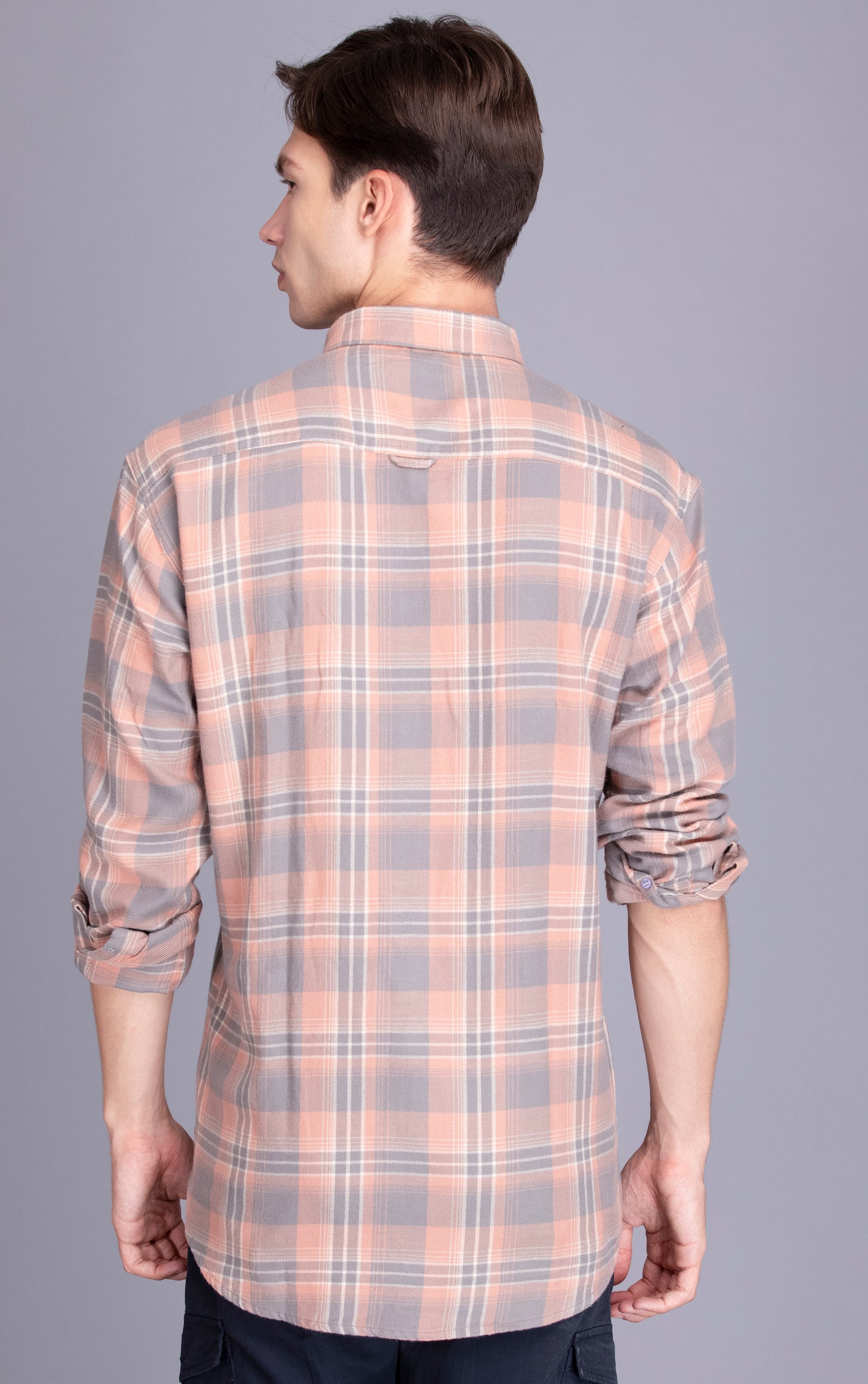 BUY ONLINE Pink-Grey PURE COTTON FLANNEL CHECKED CASUAL SHIRT FOR MEN