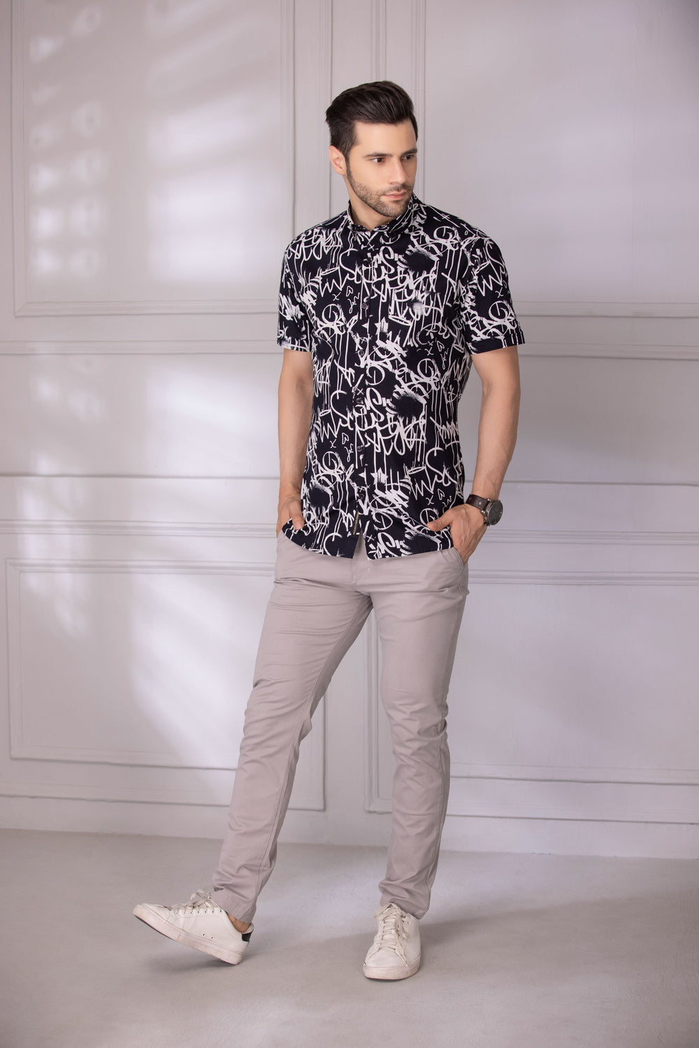 Black and White Printed Casual Shirt
