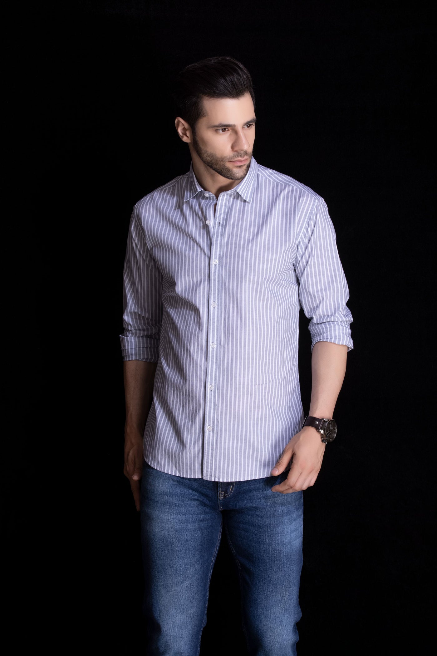 Striped Slim Fit Shirt -White and Grey